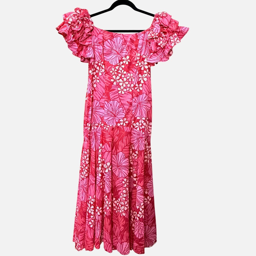 CC Fashions Hawaii Pink Hibiscus Floral Ruffle Mermaid Muumuu Dress 9-10 Tropic
